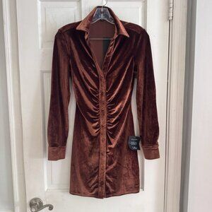 NWT's‎ Lulu's Mini Dress Womens XS Button Up Ruched Velvet Night Out Brown